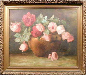 Floral Still Life with Roses: Floral Still Life with Roses, oil on canvas, unsigned, framed. 20 x 23 inches framed.