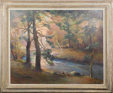 Alice James: Woodland Scene, 1961: Alice Estelle James (American, 1889-1970): Woodland Scene, signed and dated 1961, oil on canvas, installed in its original frame. Alice James studied art privately with a number of important