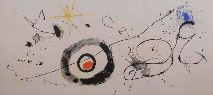 Joan Miro: Sans Titre: Joan Miro (Spanish, 1893-1983): Sans Titre, stone lithograph, 1963, triple page spread, printed by Mourlot, unsigned, unframed. Joan Miro was a painter, sculptor, and ceramicist born in Barcelona. A