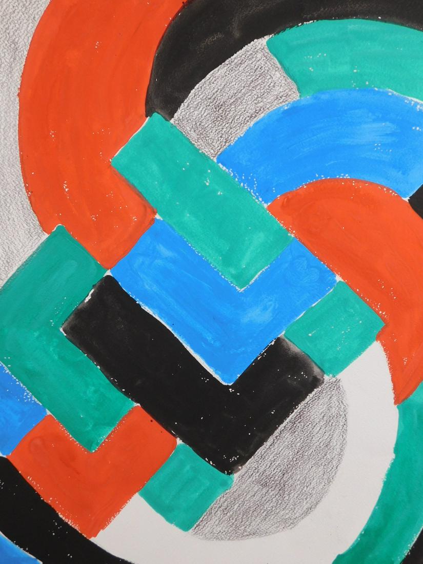 Sonia Delaunay: Abstract Composition: Sonia Delaunay (Ukrainian-French, 1885-1979) Attributed: Abstract Composition. Gouache, watercolor, and charcoal on paper, signed and dated (1970) bottom center, unframed. Delaunay was a Ukrainian-bor