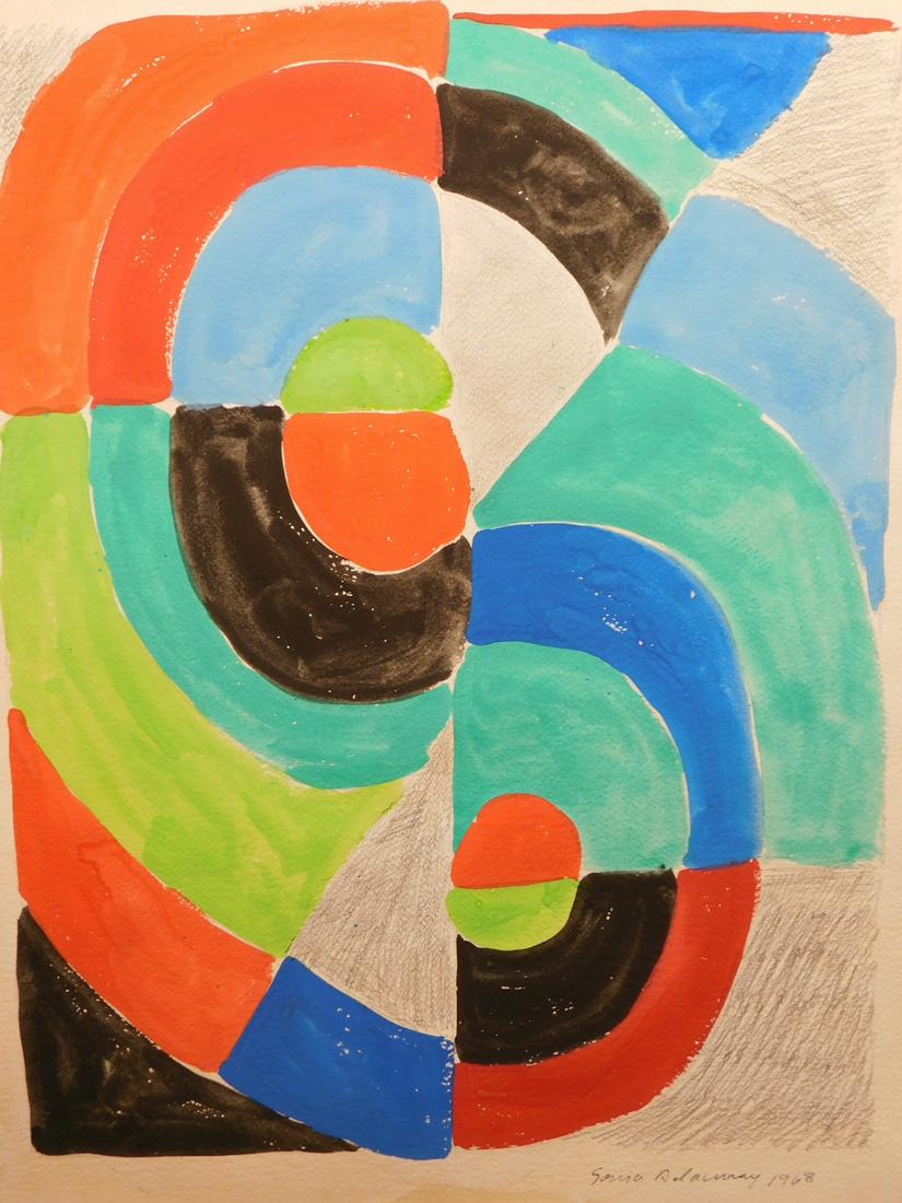 Sonia Delaunay: Abstract Composition: Sonia Delaunay (Ukrainian-French, 1885-1979) Attributed: Abstract Composition. Gouache, watercolor, and charcoal on paper, signed and dated (1968) lower right, unframed. Delaunay was a Ukrainian-born 