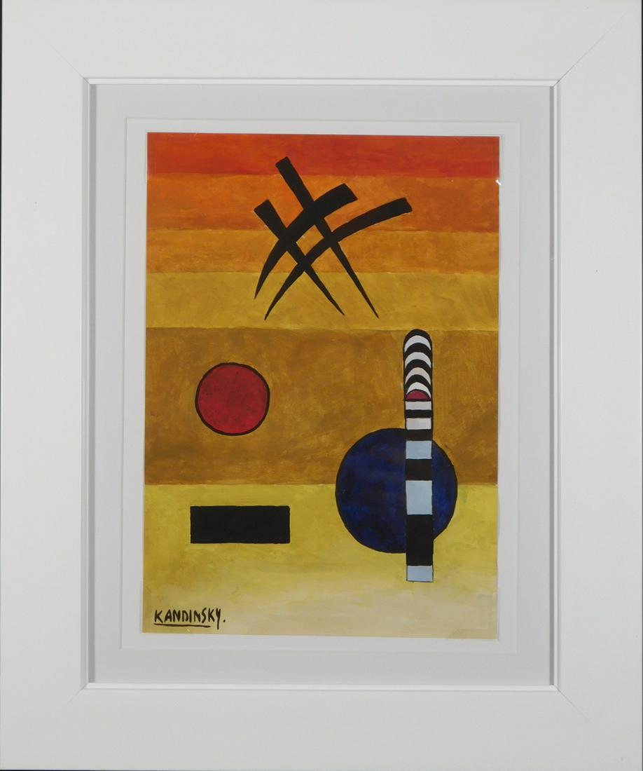 Wassily Kandinsky: Abstract Painting: Wassily Kandinsky (Russian, 1866-1944) Manner of: Abstract Painting. Tempera on paper. Signatures, stamps: signed Kandinsky lower left and on reverse with initial, stamped on reverse from Arthur Tooth