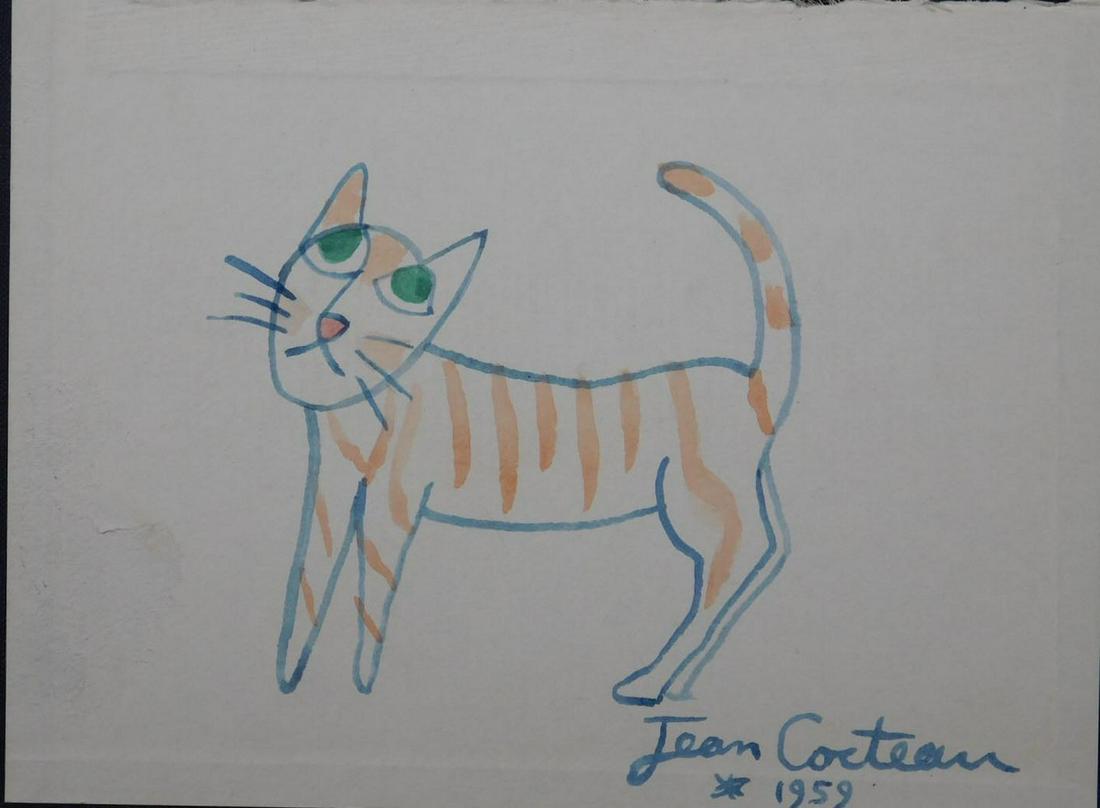 Jean Cocteau: Le Chat: Jean Cocteau (French, 1889-1963) attributed: Le Chat, watercolor on paper adhered to board, signed and dated 1959, unframed. Jean CocteauÂ was one of the most multi-talented artists of the 20th cent