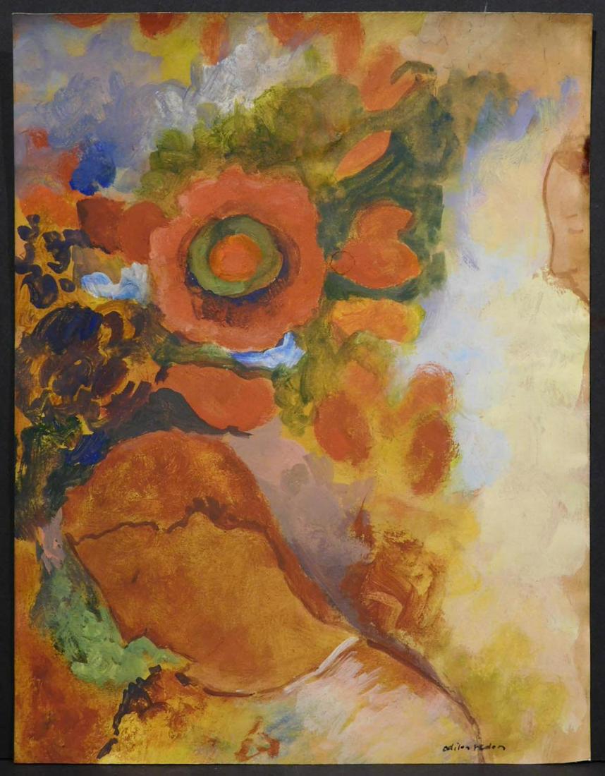 After Odilon Redon: Heads with Flowers: Odilon Redon (French, 1840-1916) After: oil on paper, signed bottom right, framed. Odilon Redon was a prints man, draftsman, and painter best known for his brightly colored still lifes, which oftentim