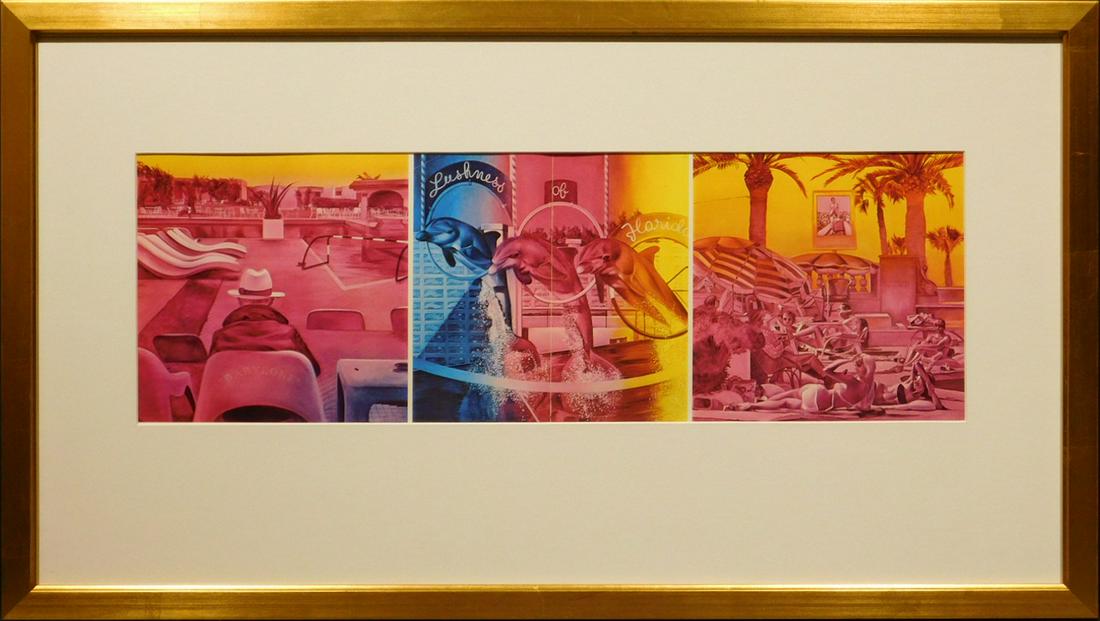 Jacques Monory: Lushness of Florida: Jacques Monory (French, 1924-2018): Lushness of Florida, triptych of lithographs, unsigned, framed. Jacques Monory was a French painter and filmmaker whose work is an allegory of the contemporary worl