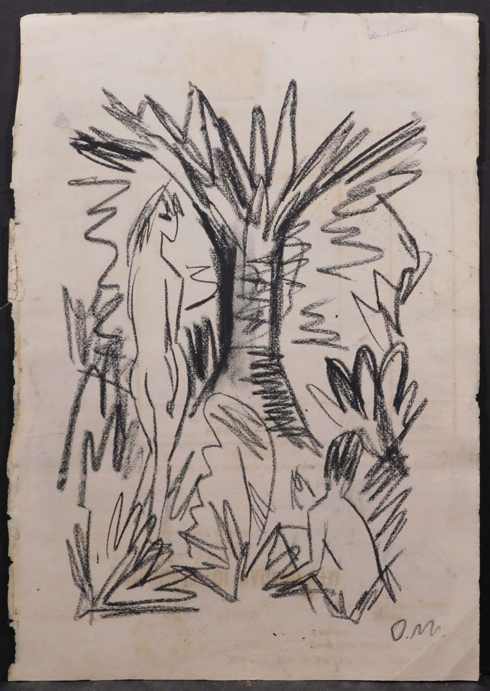 Otto Mueller: Figures in a Forest: Otto Mueller (Polish, 1874-1930) Manner of: Figures in a Forest, charcoal on paper from a book. Signed lower right, the back is inked and has several decorative stamps, unframed. Otto Mueller is well-