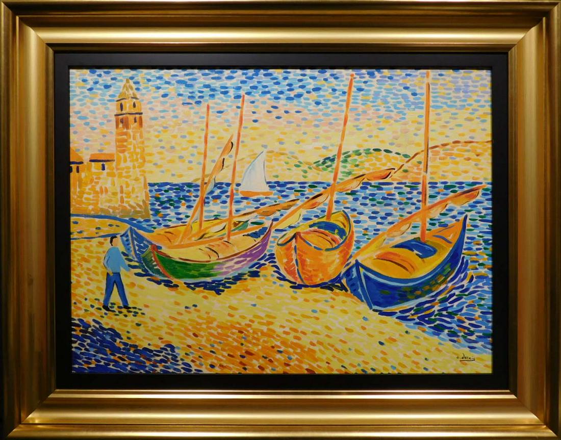 Andre Derain: Boats at Collieure: Andre Derain (French, 1880-1954) Manner of: Boats at the Harbor of Collieure, France. Oil on canvas, signed lower right, framed. Andre Derain was a French artist, painter, sculptor and co-founder of F