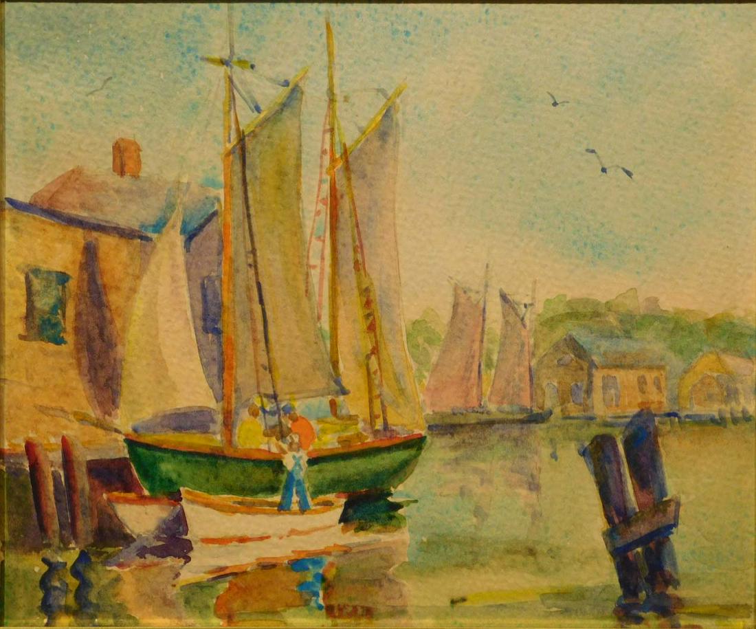 Rosa T. Silva: New Bedford Sail Boats, 1930: Rosa T. Silva: New Bedford Sail Boats, Identified on back with artist's label. Watercolor c.1930 7 3/4 x 9" paper, 13 x 14 3/4" frame