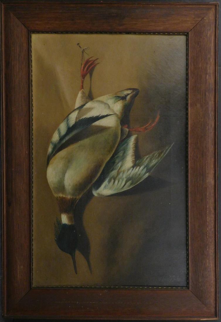 American School, Still Life with Dead Fowl: American School, Still Life with Dead Fowl, Oil on canvas, c.1900, unsigned. Installed in its original oak moulding frame, with partial label from Jordan Marsh Picture Rooms (a Boston merchant) affixe