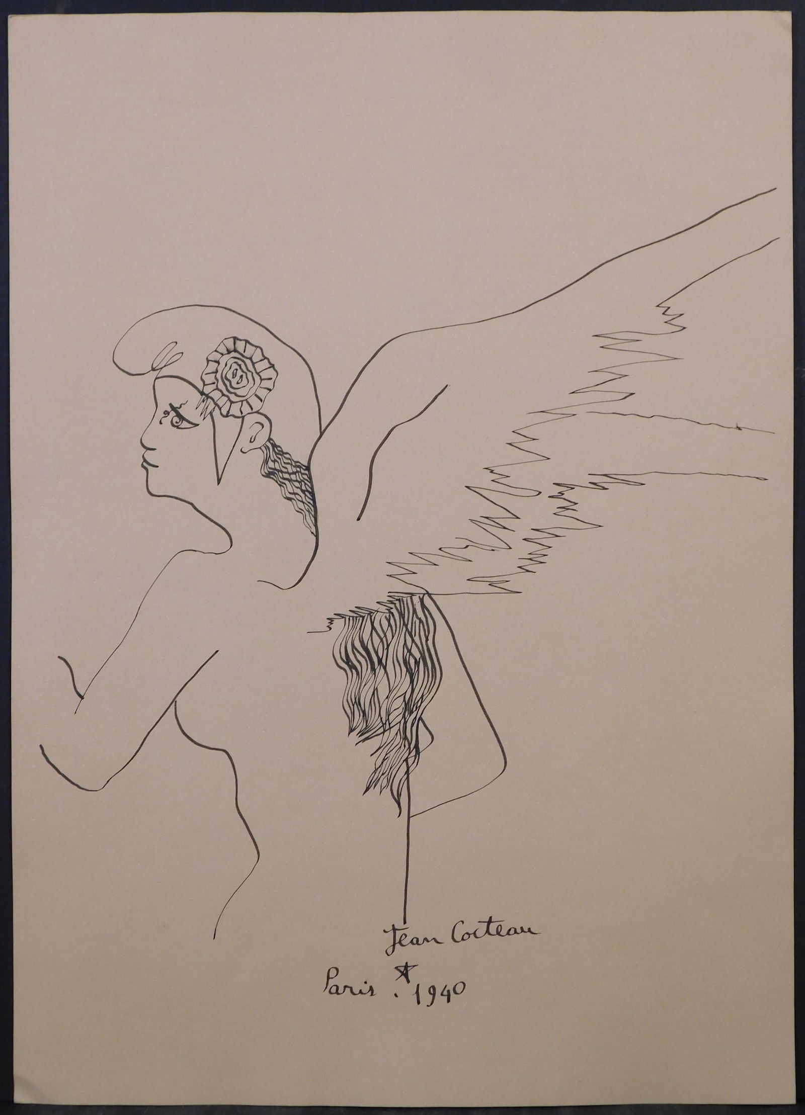 Jean Cocteau: Winged Figure in Phrygain Cap: Jean Cocteau (French, 1889-1963)After: Winged Figure in Phrygain Cap. Ink on paper, signed "Jean Cocteau, Paris, 1940" unframed. Cocteau was one of the most multi-talented artists of the 20th century.