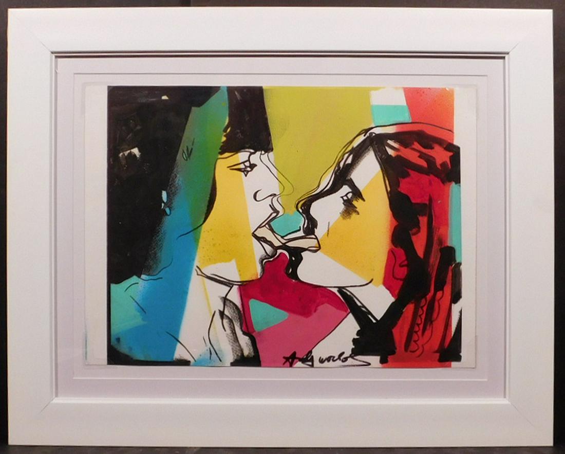 Andy Warhol: Mick & Jade Jagger: Andy Warhol (American, 1928-1987)Attributed: Mick & Jade Jagger. Mixed media (acrylic, silkscreen, ink) on paper signed lower right margin and verso, marked on reverse by reference numbers and stamps.