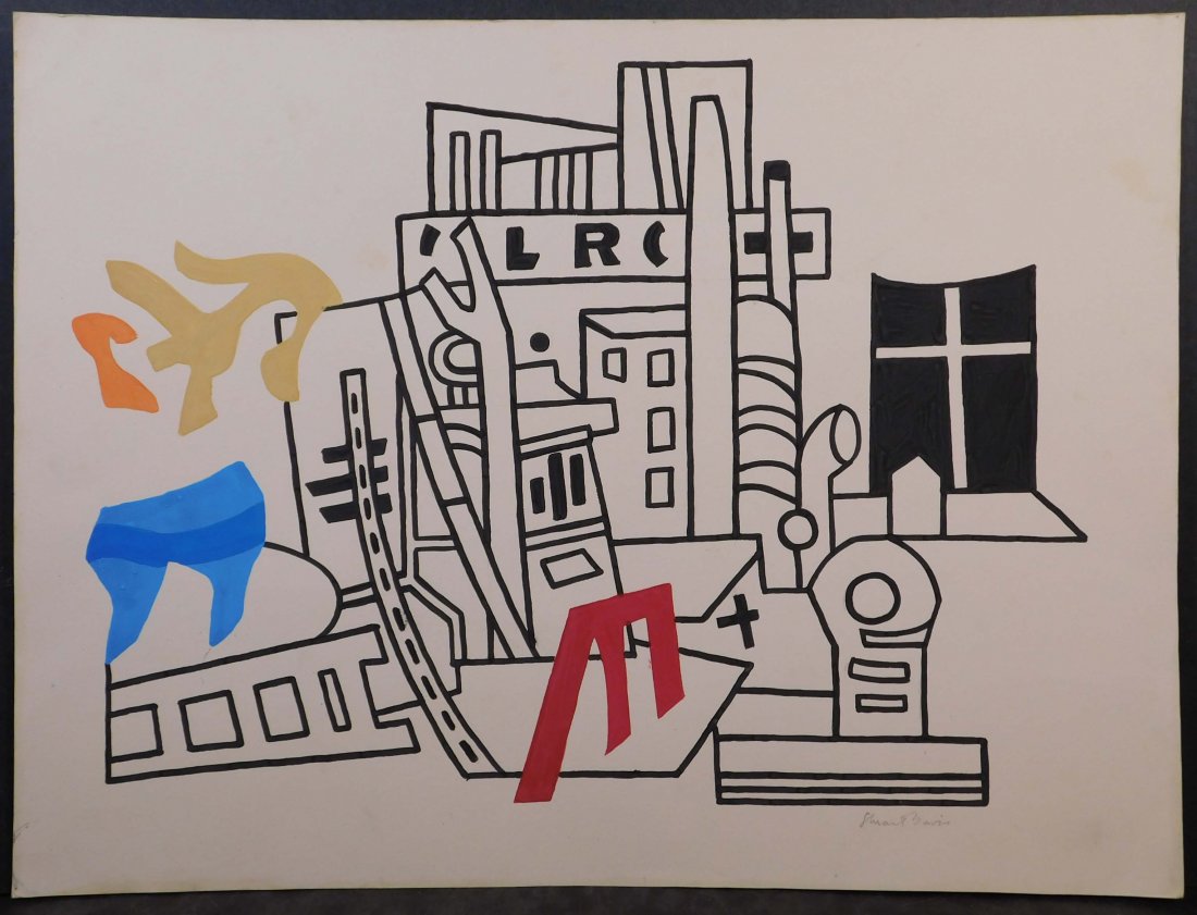 Stuart Davis: New York Waterfront: Stuart Davis (American, 1892-1964) Manner of: New York Waterfront. Gouache on paper, signed on paper lower right, undated, unframed. One of America's first modern artists and a forefather of Pop art,