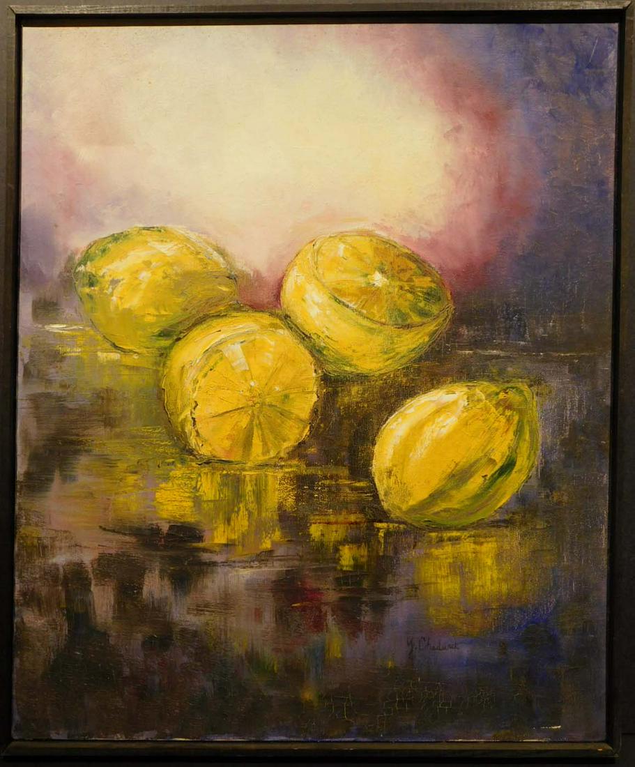 Yvonne Chadwick: Lemon Still Life: Yvonne Chadwick: Lemon Still Life, oil on canvas, signed Y. Chadwick bottom right, framed. 19 3/4 x 24" canvas, 20 1/2 x 24 3/4" frame Good condition. NOTE: If documentation is not listed, the lot is 