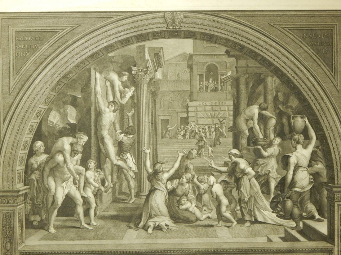 Joannes Volpato after Raphael: The Fire in the Borgo: After Raphael (Italian 1483-1520): from Raphael Santivs pinx in Aedibus Vaticanis, dedicated to Pio Sxto Pont Max, engraving, c.1775, framed. Dimensions: 24.5 x 31.5" paper; 28.25 x 35.5" frame. Rapha
