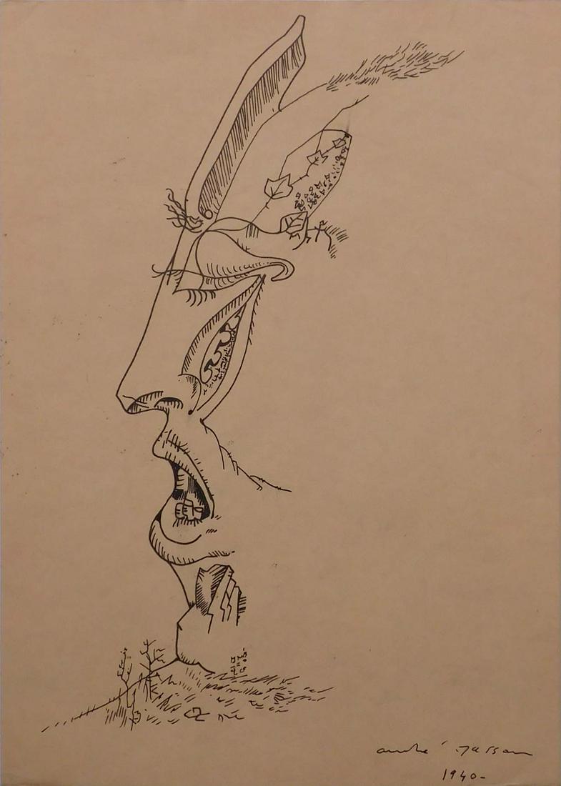 Andre Masson, Manner of: Surreal Face: Andre Masson (French, 1896-1981) Manner of: Surreal Face, 1940. Hand drawn pen and ink on paper. Signed and dated lower right. Unframed. Andre Masson was a French cubist and surrealist painter who was