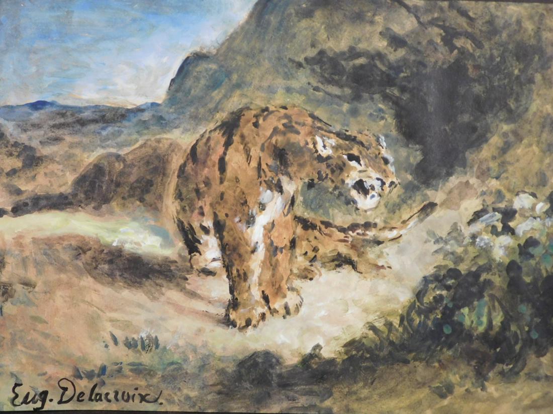 Manner of Eugene Delacroix: Tigers: Eugene Delacroix (French, 1798-1863) in the manner of: Tigers, oil on paper, signed Eug. Delacroix bottom left with decorative gallery stamp verso. Eugene Delacroix was the leader of the French Romant