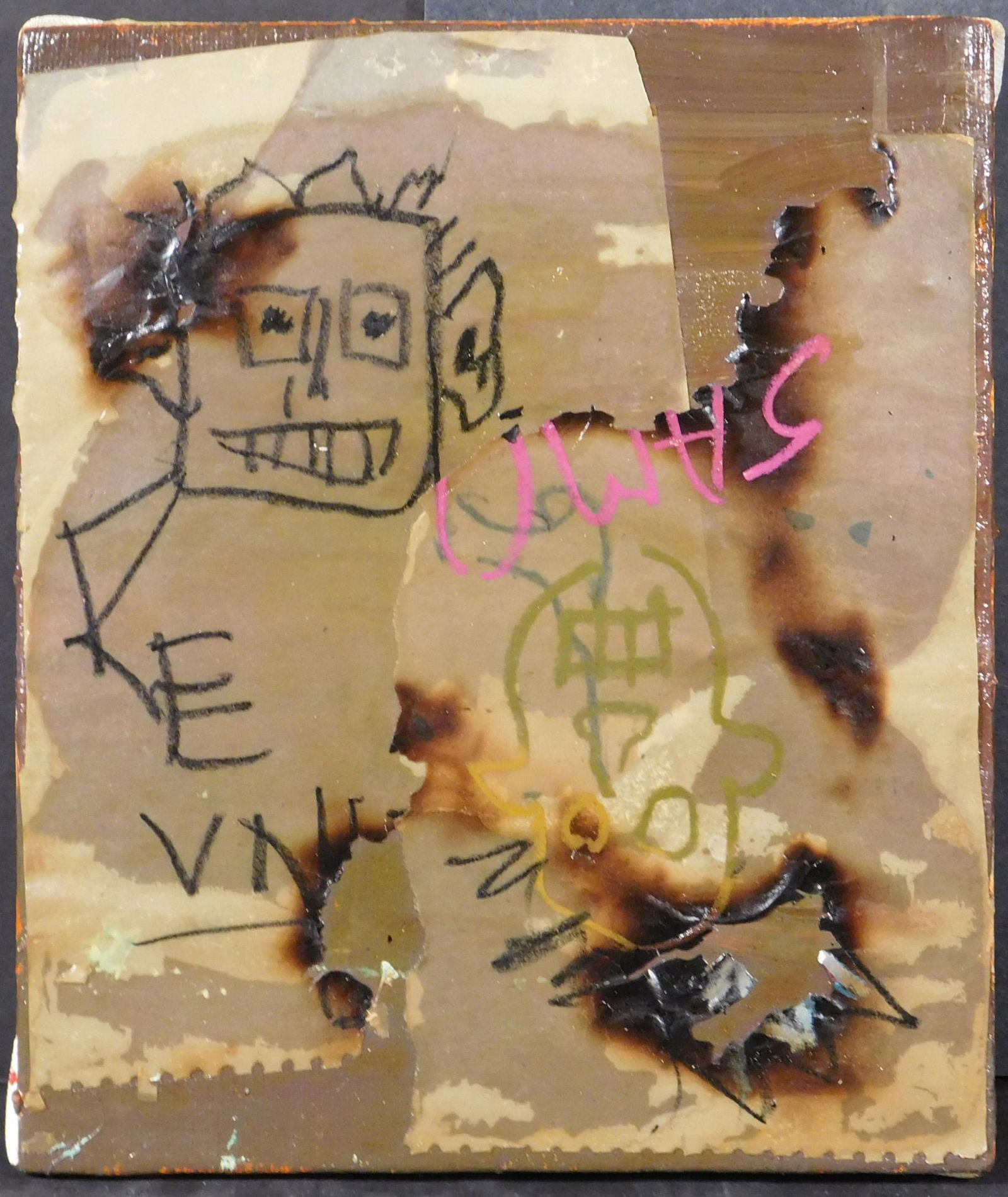 Jean-Michel Basquiat, Manner of: Collage with Two: Jean-Michel Basquiat (American, 1960-1988) Manner of: Mixed Media Collage with Two Portraits. Mixed media on stretched canvas. Marked "SAMO" Basquiat was an influential African-American artist who ros