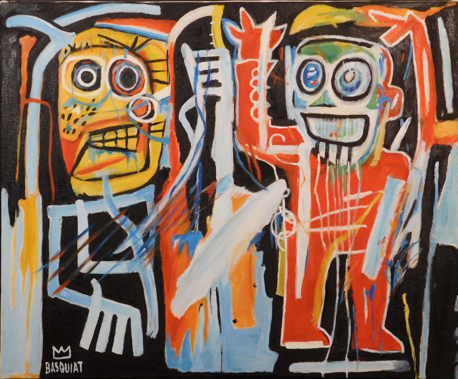 Jean-Michel Basquiat, Manner of: Dustheads: This lot consists of an unframed oil painting on stretched canvas, done in the style of street artist Jean-Michel Basquiat (American, 1960-1988). Image depicts two grinning, skeletal figures. A hand-p