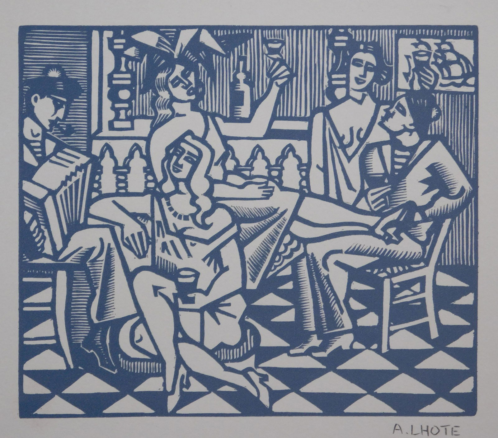 After Andre Lhote: Nightclub Scene: After Andre Lhote (French, 1885-1962) : Nightclub Scene. Page from Eloge de Andre Lhote. Linocut on paper, signed in pencil lower right, unframed. Printed text verso. Andre Lhote worked in modernist s