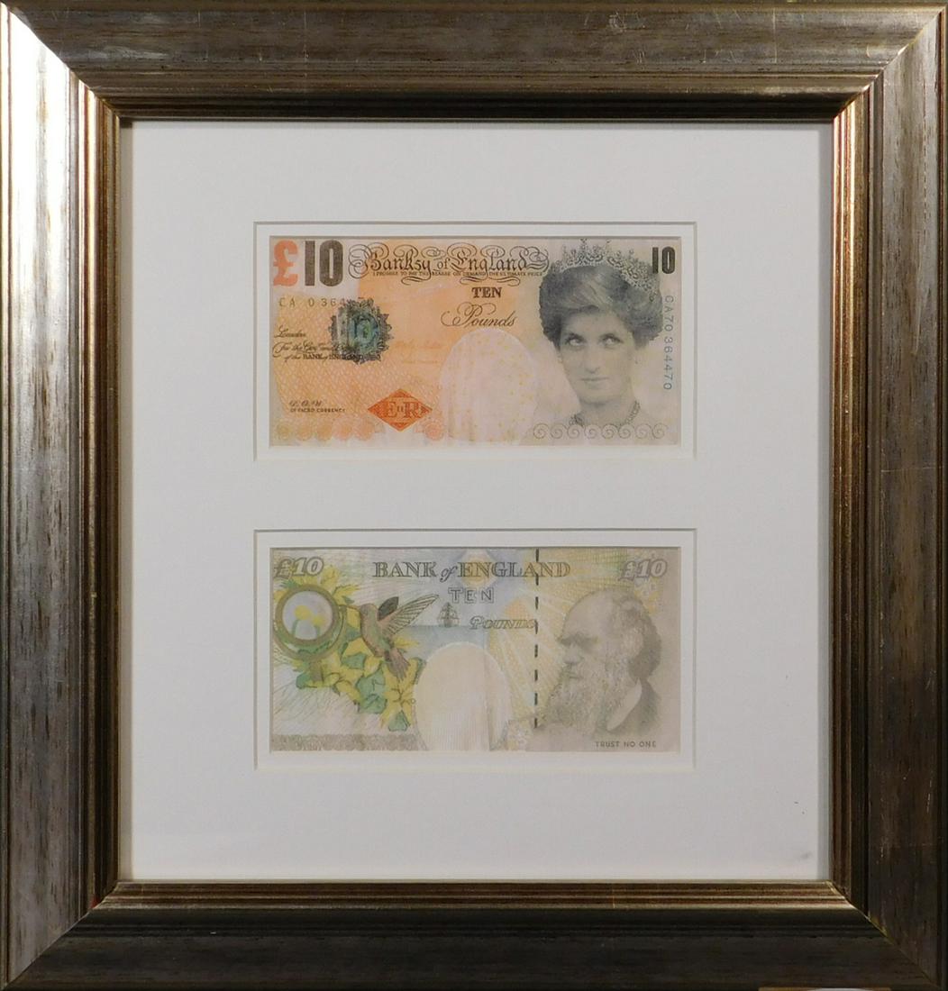 Banksy (After): Two Difaced Tenners: Banksy (British, b. 1974) (After): Two Difaced Tenners, digital prints, framed with glass front and back, unsigned. In 2004, Banksy printed 1 million pounds worth of fake 10 pound notes that replaced 