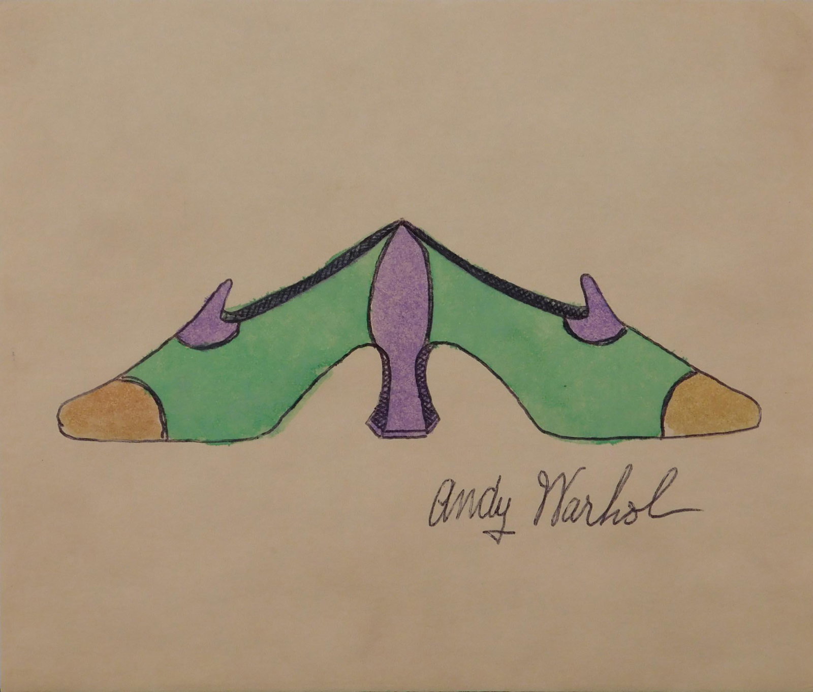 Andy Warhol, Attributed: Double Shoes: Andy Warhol (American, 1928-1987) attributed: Double Shoes. Pen and Ink and watercolor on paper, signed lower right, unframed. the composition of this sketch might be a slight nod to Warhol's Rorschac