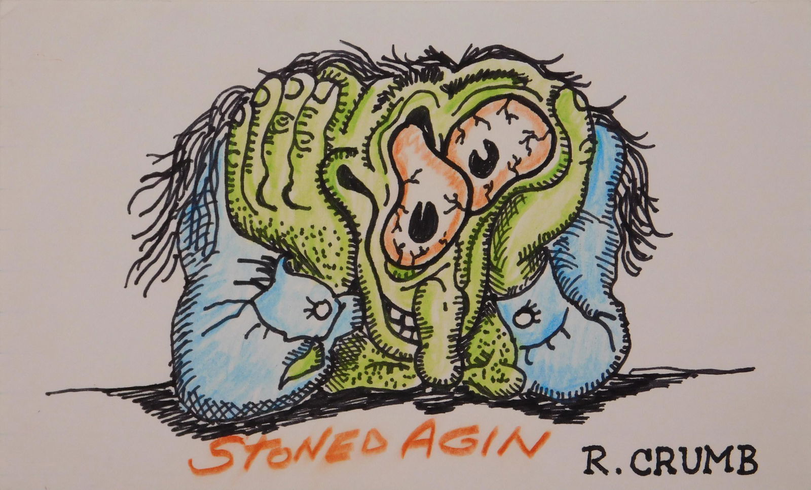 Robert Crumb (Attributed): Stoned Again: Robert Crumb (Attributed) (American, 1943- ): Stoned Again. Pen and ink and crayon on a notecard, signed below, unframed. Souvenir drawing of a single frame from the Stoned Again comic. Robert Crumb i