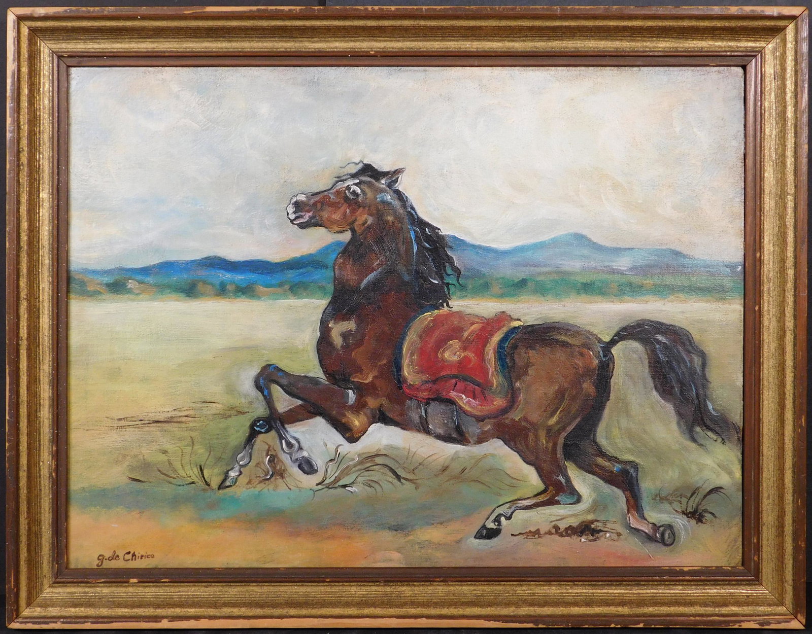 Giorgio de Chirico, Manner of: Cavallo: Giorgio De Chirico (Greek, 1888 - 1978) Manner of: Cavallo. Oil on canvas board, signed lower left, framed. Traces of rubbed off markings are visible on the on the back of the panel. Giorgio De Chiric