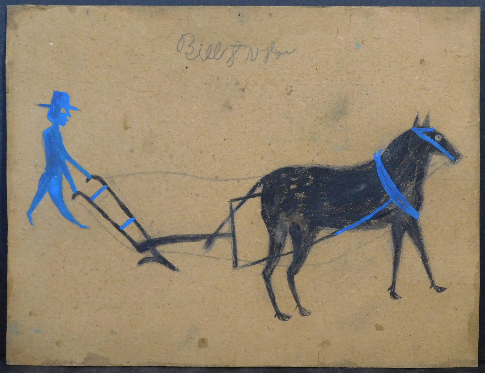 Bill Traylor, Manner of / Attributed: Man with a Plough: Bill Traylor (American, 1854-1947) Manner of / Attributed: Man with a Plough. Gouache on cardboard, signed in pencil top center. This painting is unframed. The man plowing is a motif Traylor used on n
