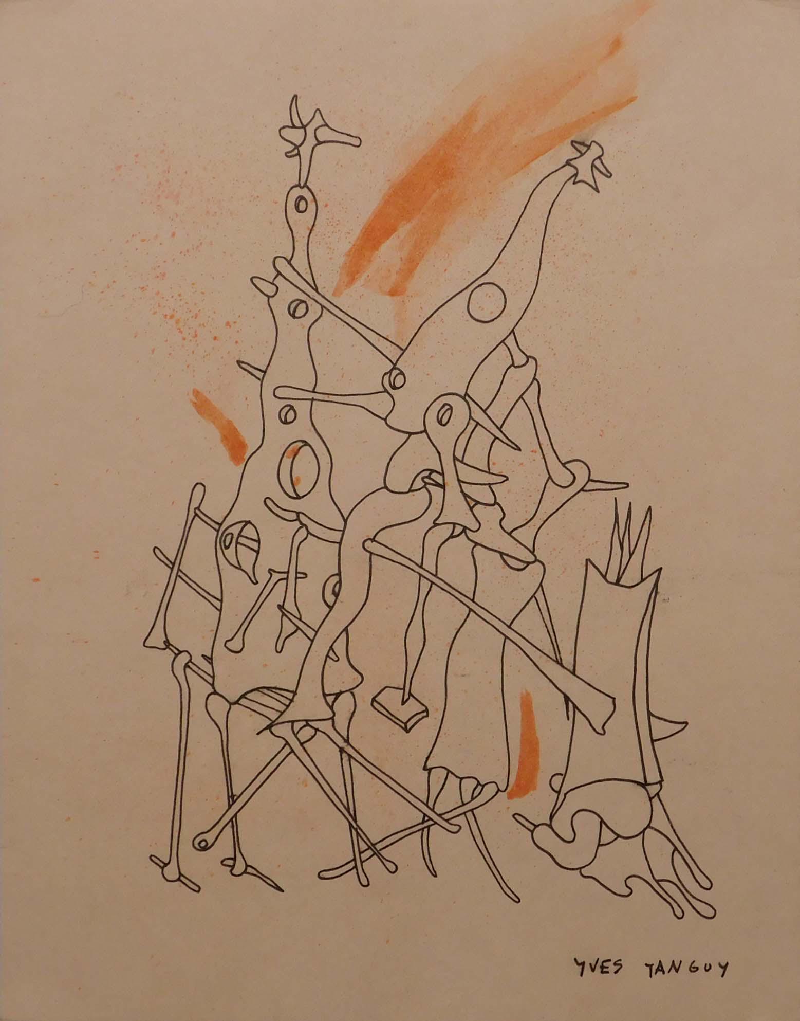 Yves Tanguy, Attributed/ Manner of: Surreal Figures: Yves Tanguy (French, 1900-1955) Attributed/ Manner of: Surreal Figures. Pen and ink and watercolor on paper, signed lower right, undated, unframed. Yves Tanguy was the quintessential Surrealist. He wa