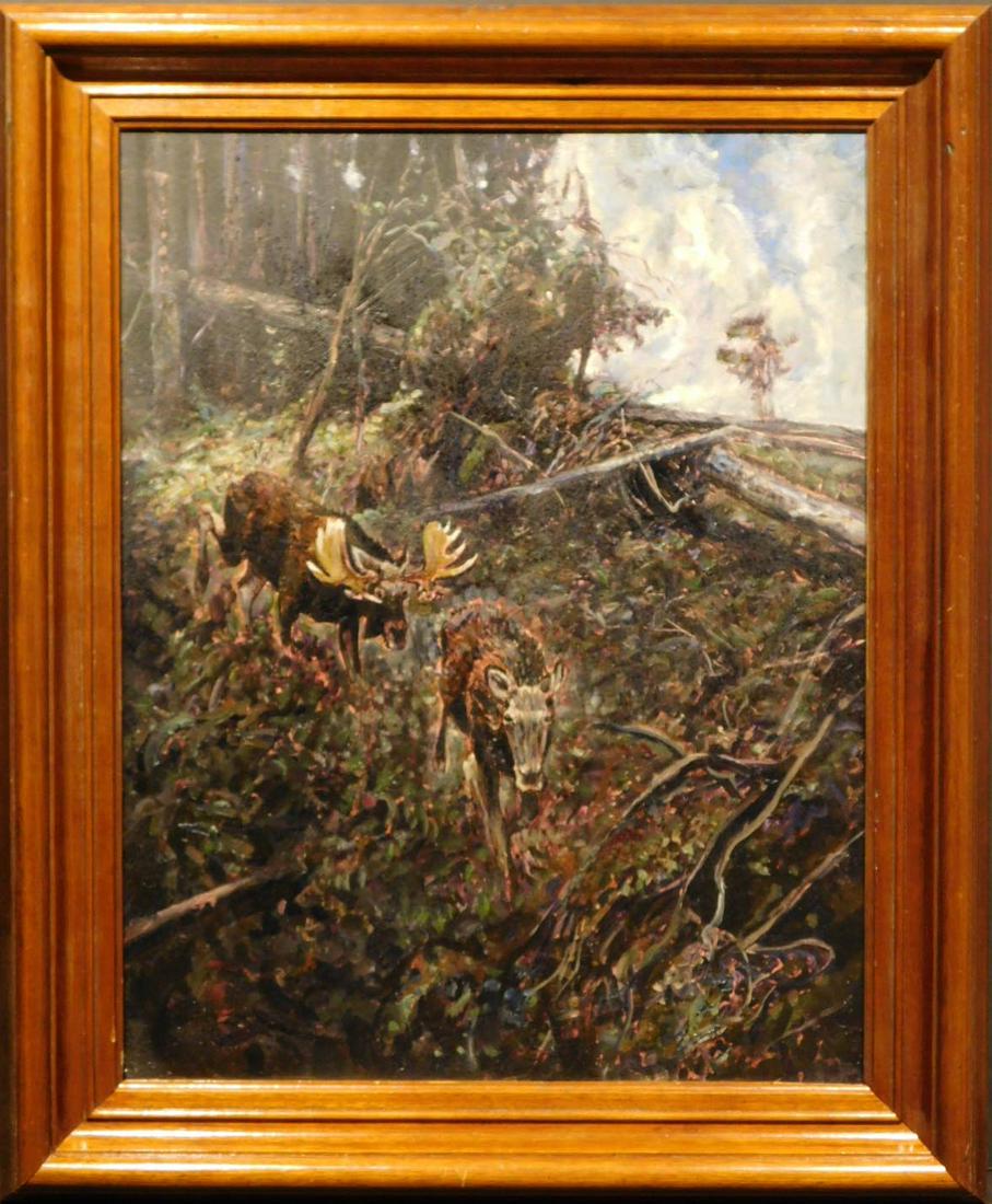 Moose Walking in Fallen Trees: Moose Walking in Fallen Trees: Oil on masonite, unsigned, set in a solid wood frame. 25 x 21 inches framed; 20 x 15 inches board. Great condition, no visible damage. NOTE: If documentation is not list