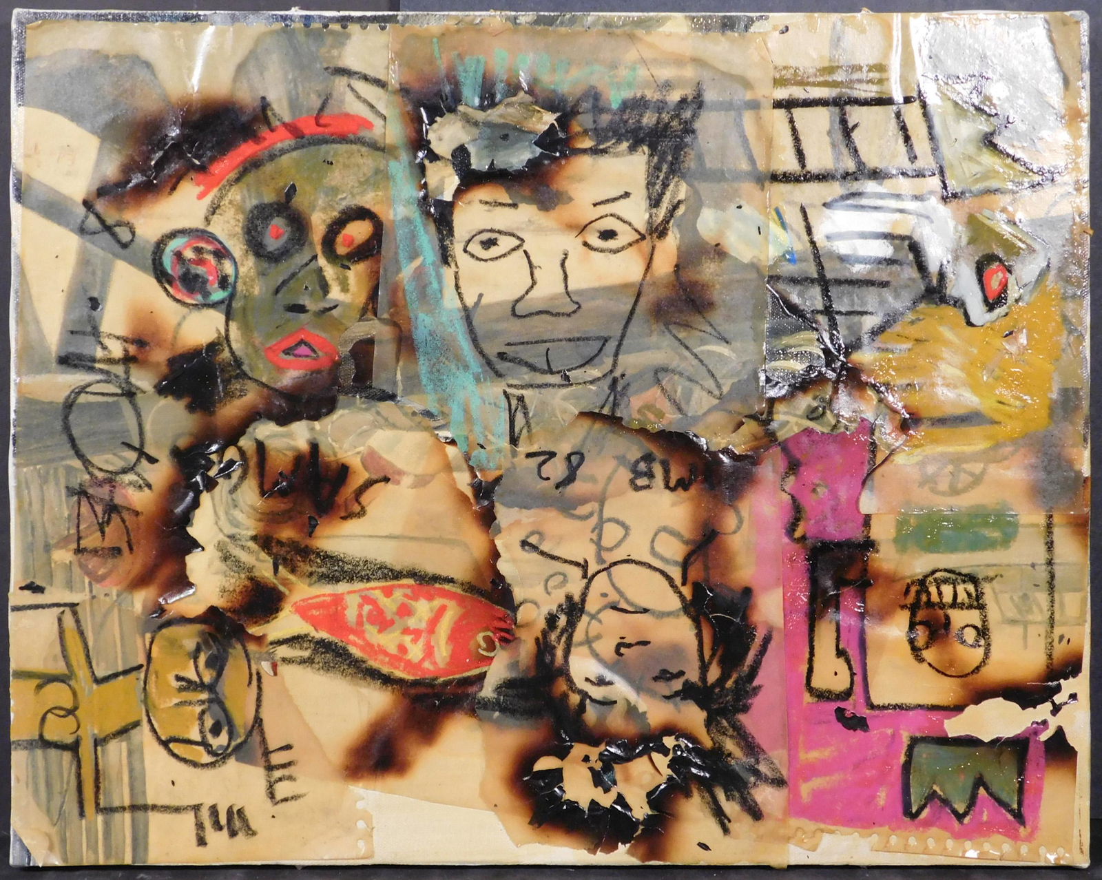 Jean-Michel Basquiat, Manner of: Mirrored Portraits of: Jean-Michel Basquiat (American, 1960-1988) Manner of: Mirrored Portraits of the Artist. Mixed media collage on stretched canvas. Close observation reveals this collage was made on top of an older pain