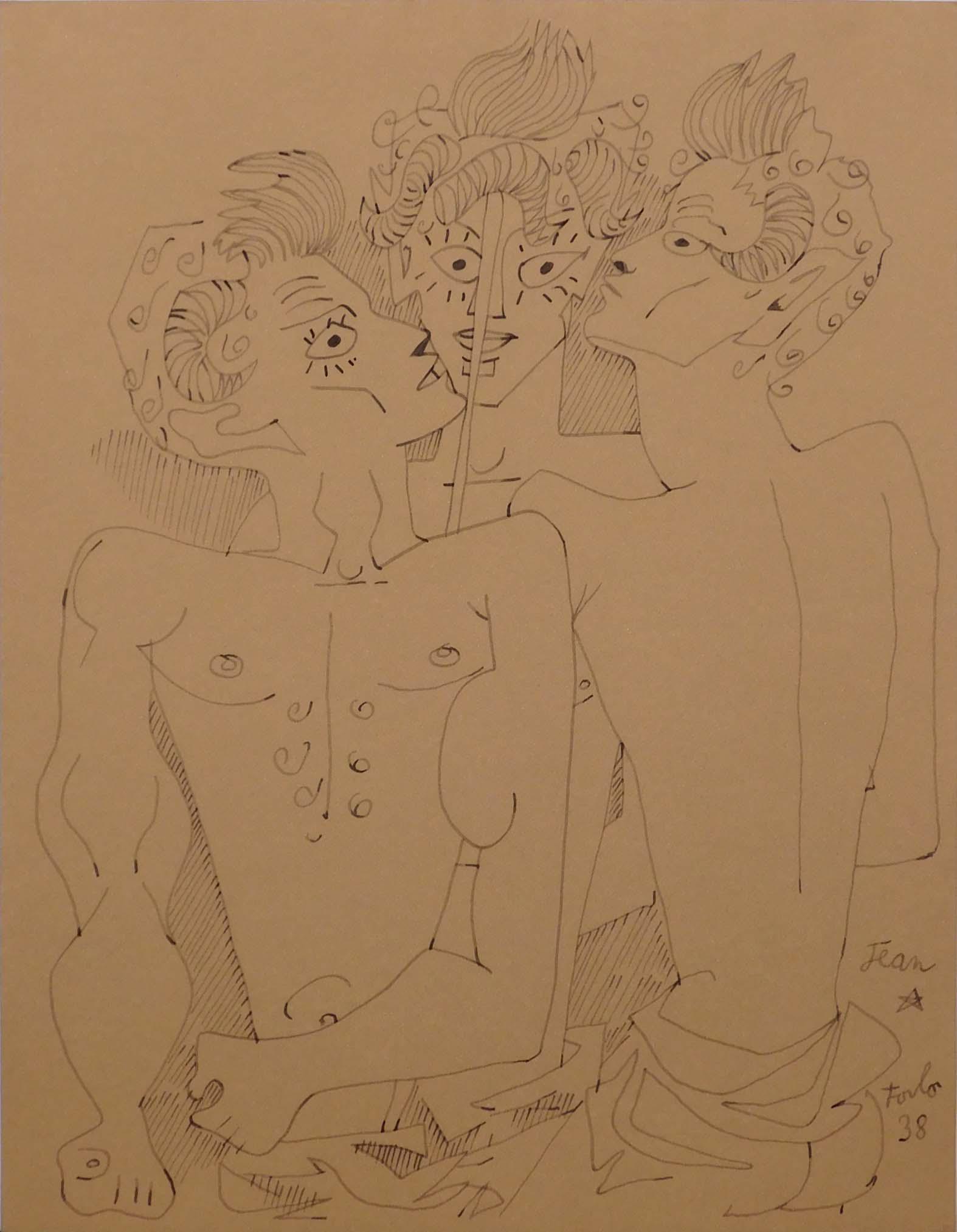 After Jean Cocteau: Three Fauns: Jean Cocteau (French, 1889-1963) After: Three Fauns. Pen and ink on paper, signed and dated (38) lower right, unframed. Cocteau was one of the most multi-talented artists of the 20th century. In addit