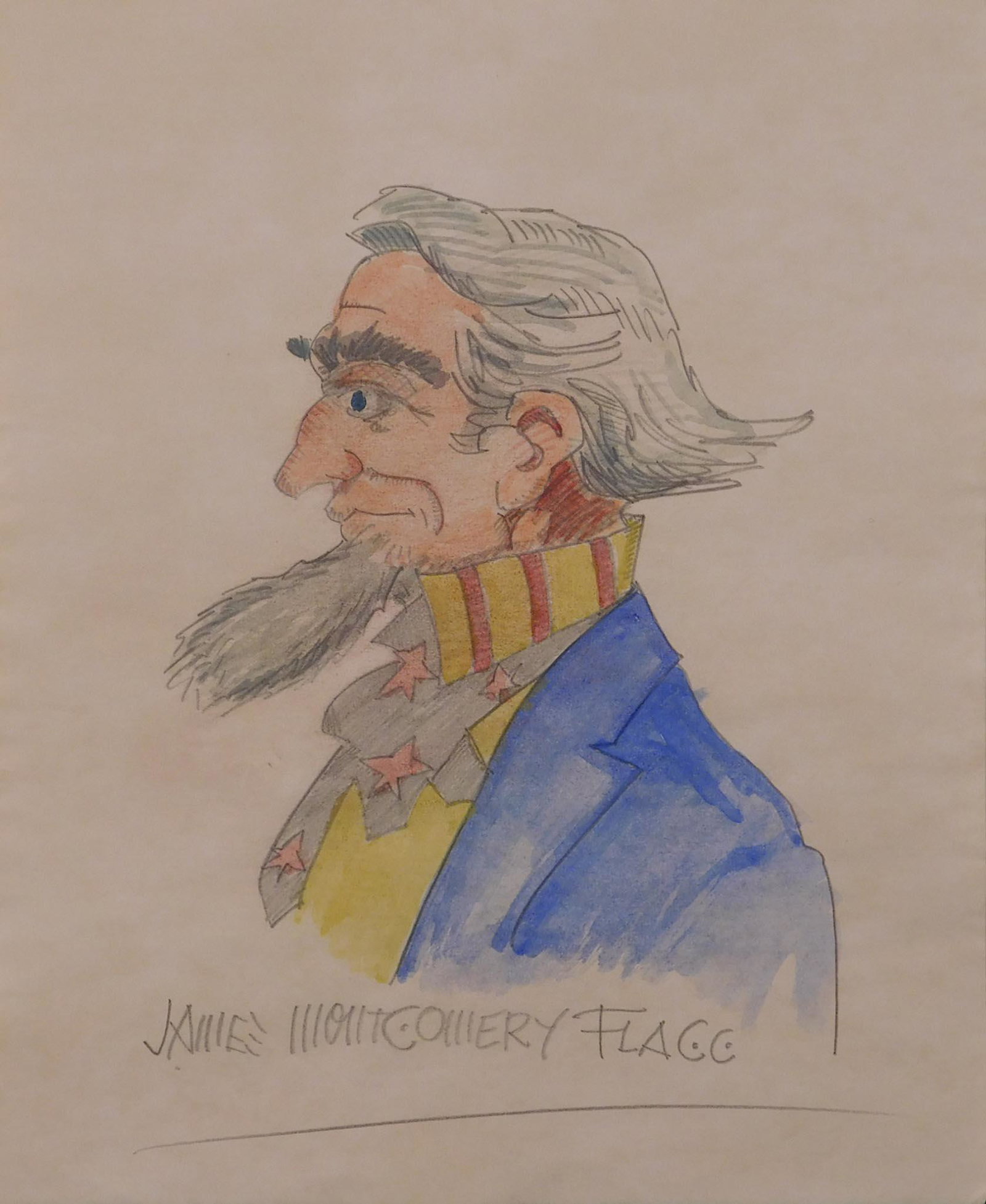 James Montgomery Flagg, Manner of: Uncle Sam Caricature: James Montgomery Flagg (American, 1877 - 1960) Manner of: Uncle Sam Caricature. Pencil and watercolor on paper, signed below, unframed. James Flagg was an Illustrator, figure, genre, and portrait pain