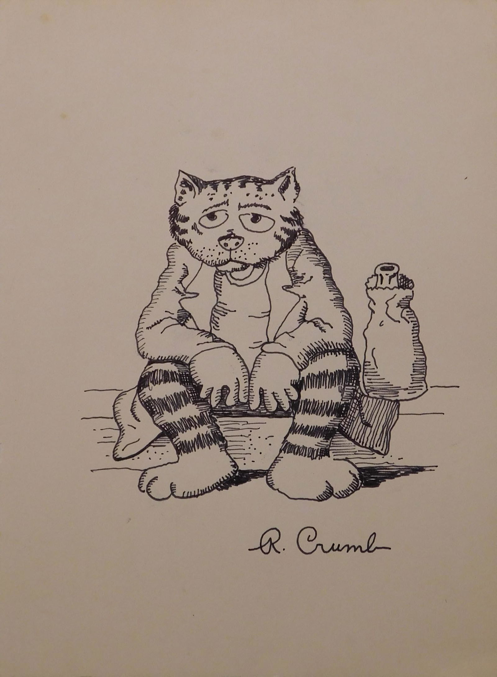 Robert Crumb (Attributed): Fritz The Cat: Robert Crumb (Attributed) (American, 1943- ): Fritz The Cat. Pen and ink on reverse side of a calendar page from October, 1978. Signed below, unframed. Robert Crumb is a prolific American cartoonist w