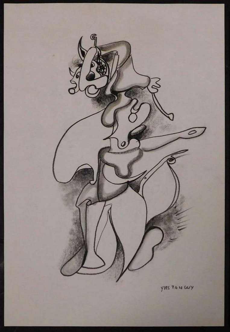 Yves Tanguy, Manner of: Surreal Figure: Yves Tanguy (French, 1900-1955) Manner of: Surreal Figure Sketch. Charcoal on paper, signed lower right, unframed, decorative stamp verso. Yves Tanguy was the quintessential Surrealist. He was known a