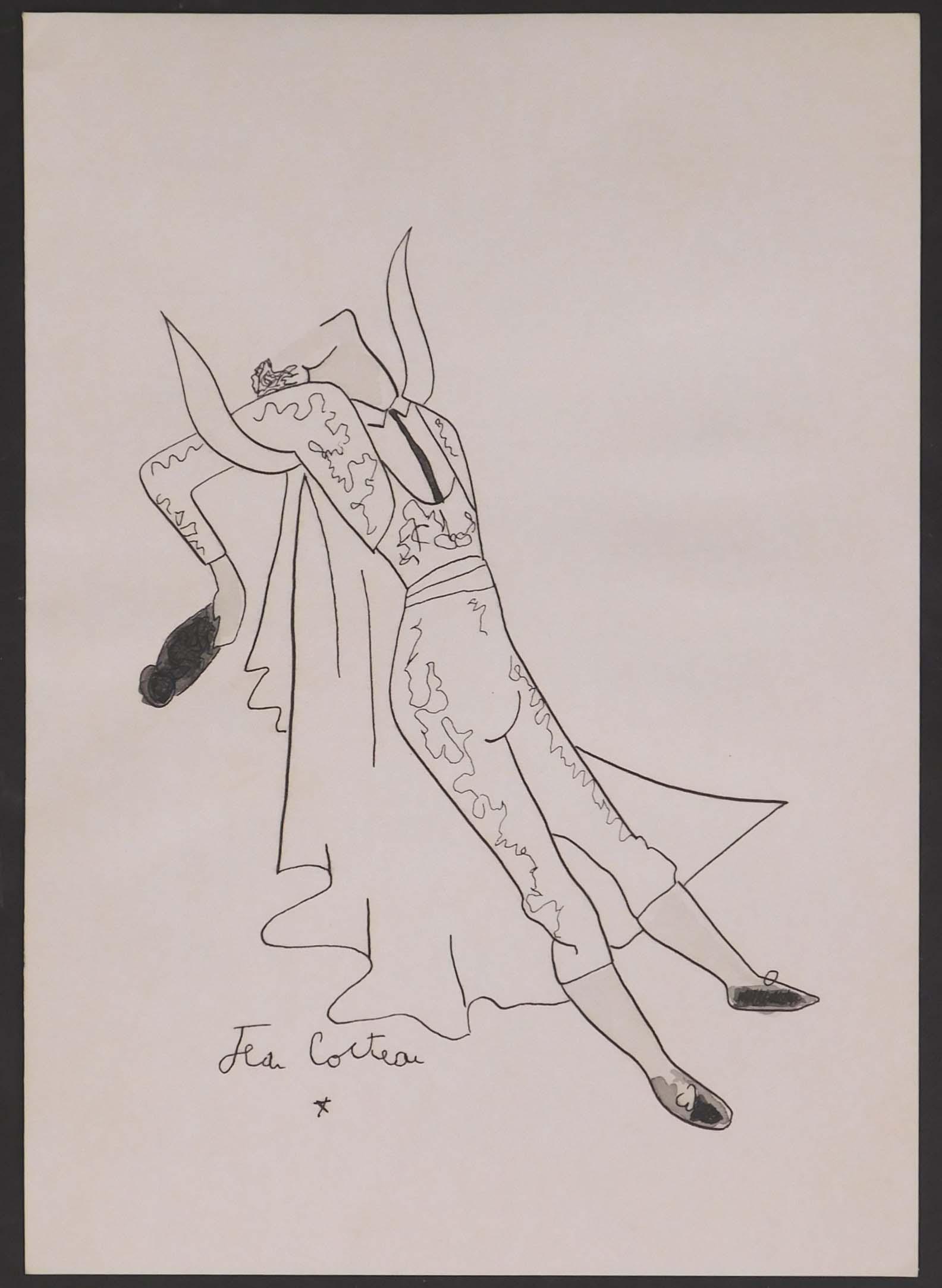 Jean Cocteau, After: La Corrida del 1 de Mayo (May 1st: Jean Cocteau (French, 1889-1963) After: La Corrida del 1 de Mayo (May 1st Bullfight). Pen and ink and ink wash on bond paper. Signed lower right. Jean Cocteau was one of the most multi-talented artist