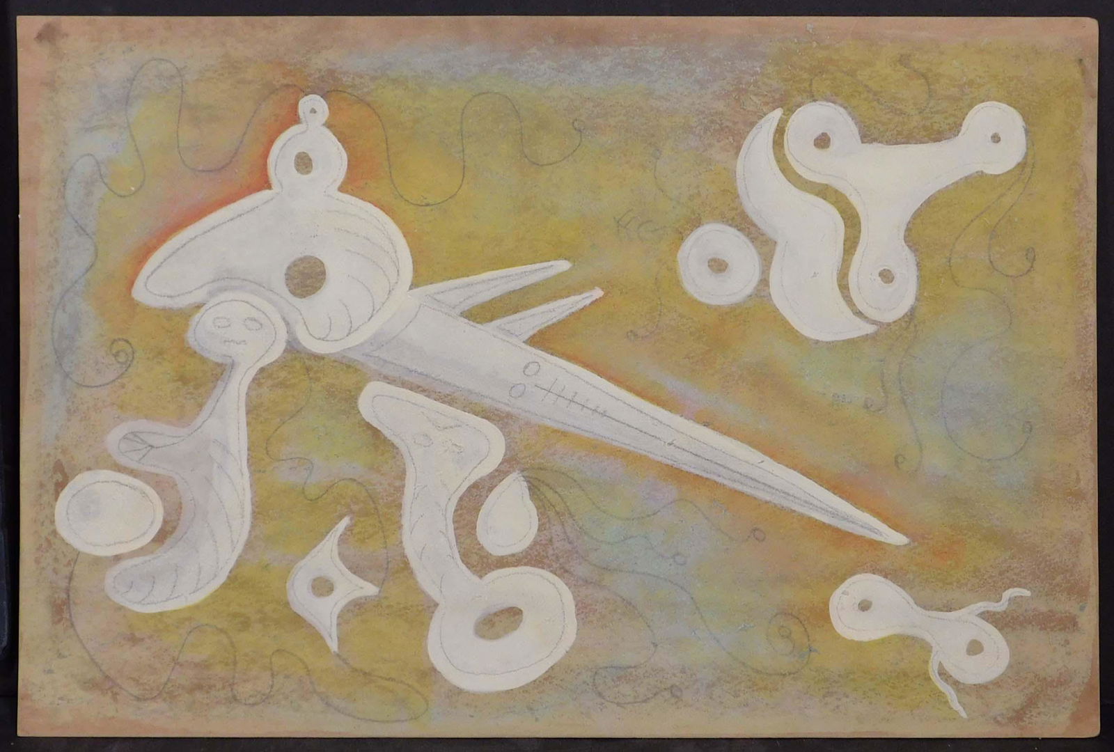 Roberto Matta, Attributed: Biomorphic Forms: Roberto Sebastian Antonio Matta Echaurren (Chile, 1911-2002) Manner of/ Attributed: Biomorphic Forms. Mixed media on cardboard. Signed and dated (1969) verso. Unframed. Better known as Roberto Matta,