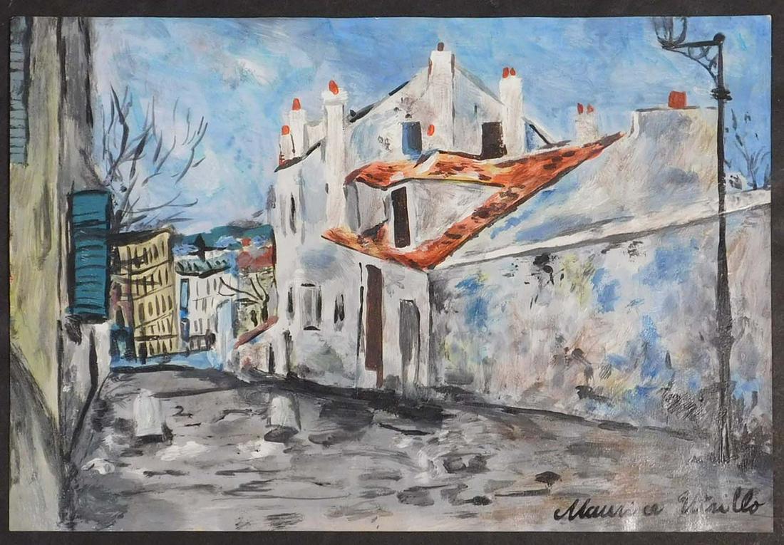Maurice Utrillo, Attributed/ Manner of: View of Houses: Maurice Utrillo (French, 1883-1955) Attributed/ Manner of: View of Houses Study. Ink, tempera, and gouache on paper. Signed lower right, unframed. Markings from a previous collector verso. This item i