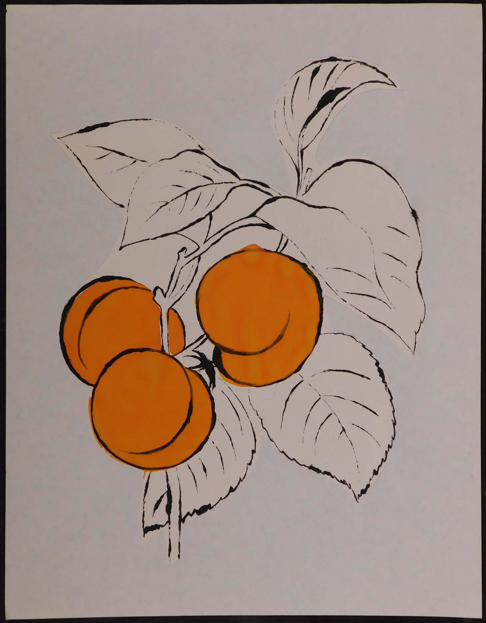 Andy Warhol Attr.: Three Peaches on a Branch: Andy Warhol (American, 1928-1987) attributed: Three Peaches on a Branch, ink and gouache on cut paper, fixed to another sheet of paper. Signed verso, unframed. Andrew Warhola was an American artist, d