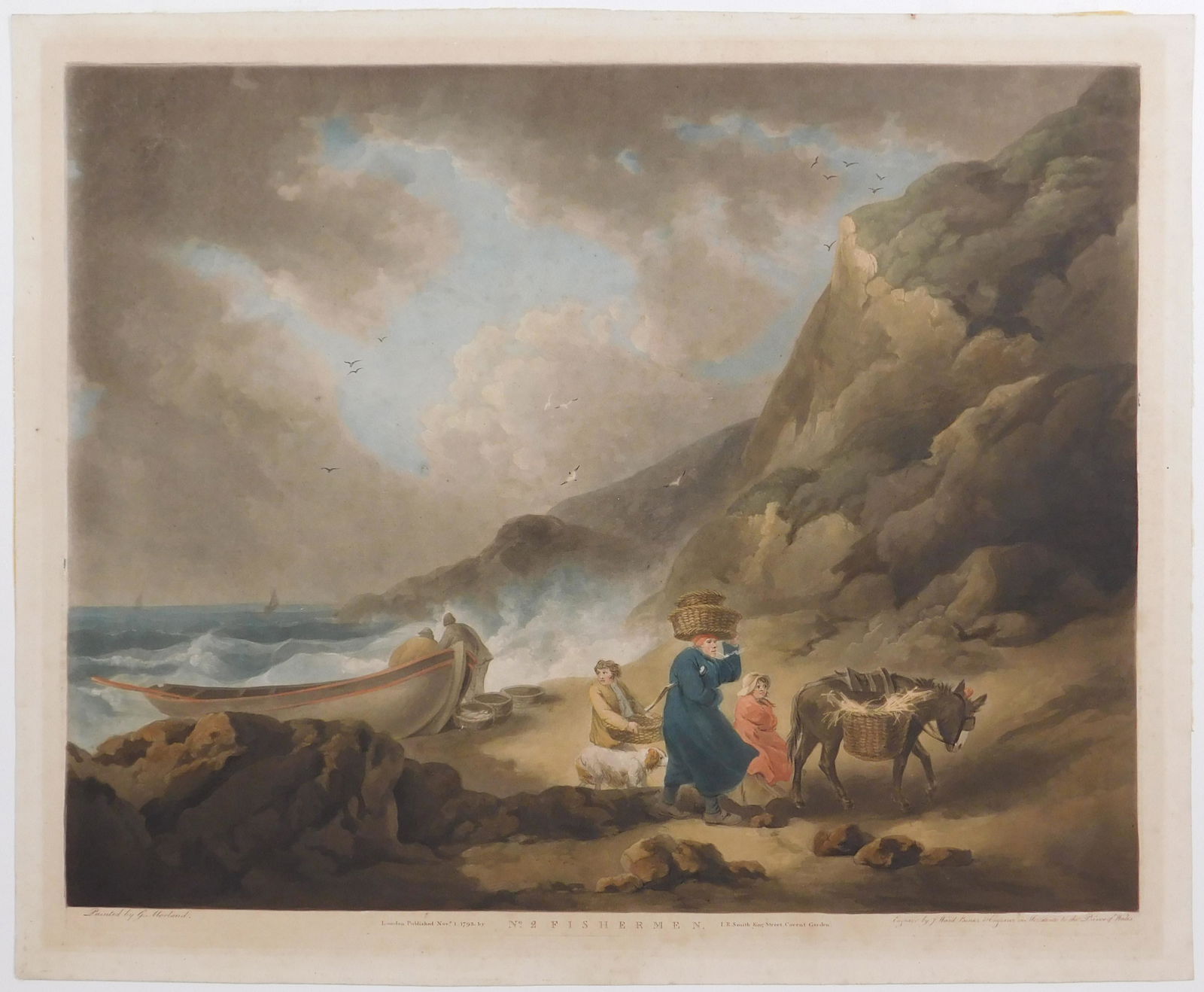 James Ward: Fishermen: James Ward (England, 1769-1859): Fishermen, mezzotint engraved by James Ward after a Painting by George Morland. Published by J.R. Smith, 1793. Unframed, mounted to matboard. Gallery label from Doll a