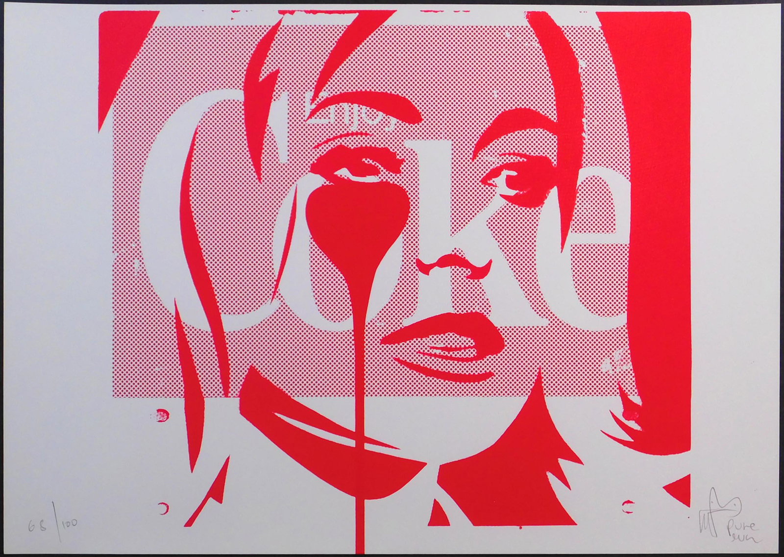 Pure Evil (English, 1968): Sharon Tate Nightmare Coke: Pure Evil (English, 1968): Sharon Tate Nightmare Coke, 2017. Screen print on paper, signed and numbered, (68/100) in pencil. Unframed. Charles Uzzell-Edwards is a graffiti artist known by the moniker