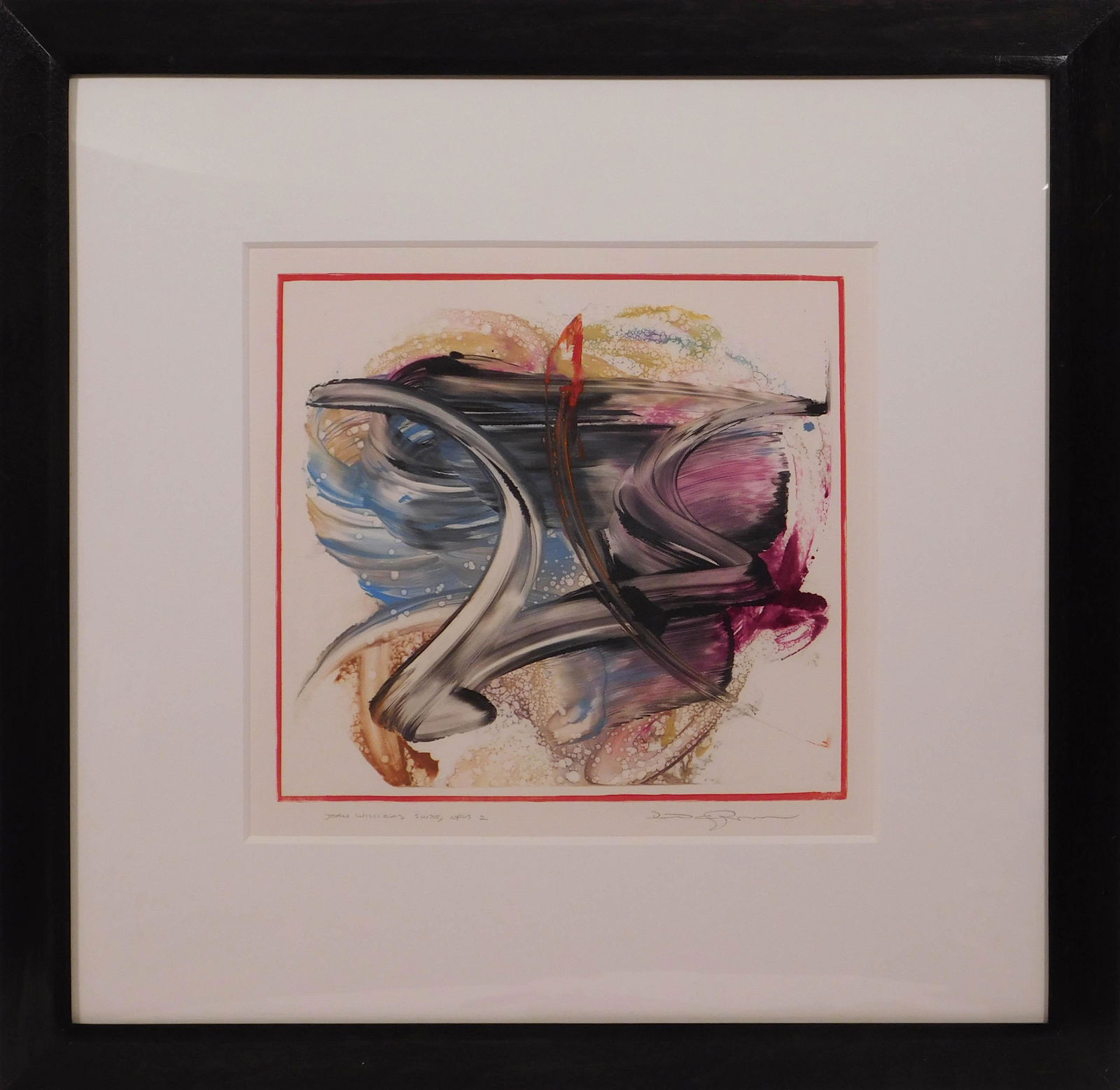 David Chamberlain: John Williams Suite, Opus 2: David Chamberlain (American, b 1949): John Williams Suite, Opus 2. Monoprint on paper, signed and titled in pencil below. In custom walnut frame, behind plexi glass, and 8 ply mat. David Chamberlain h