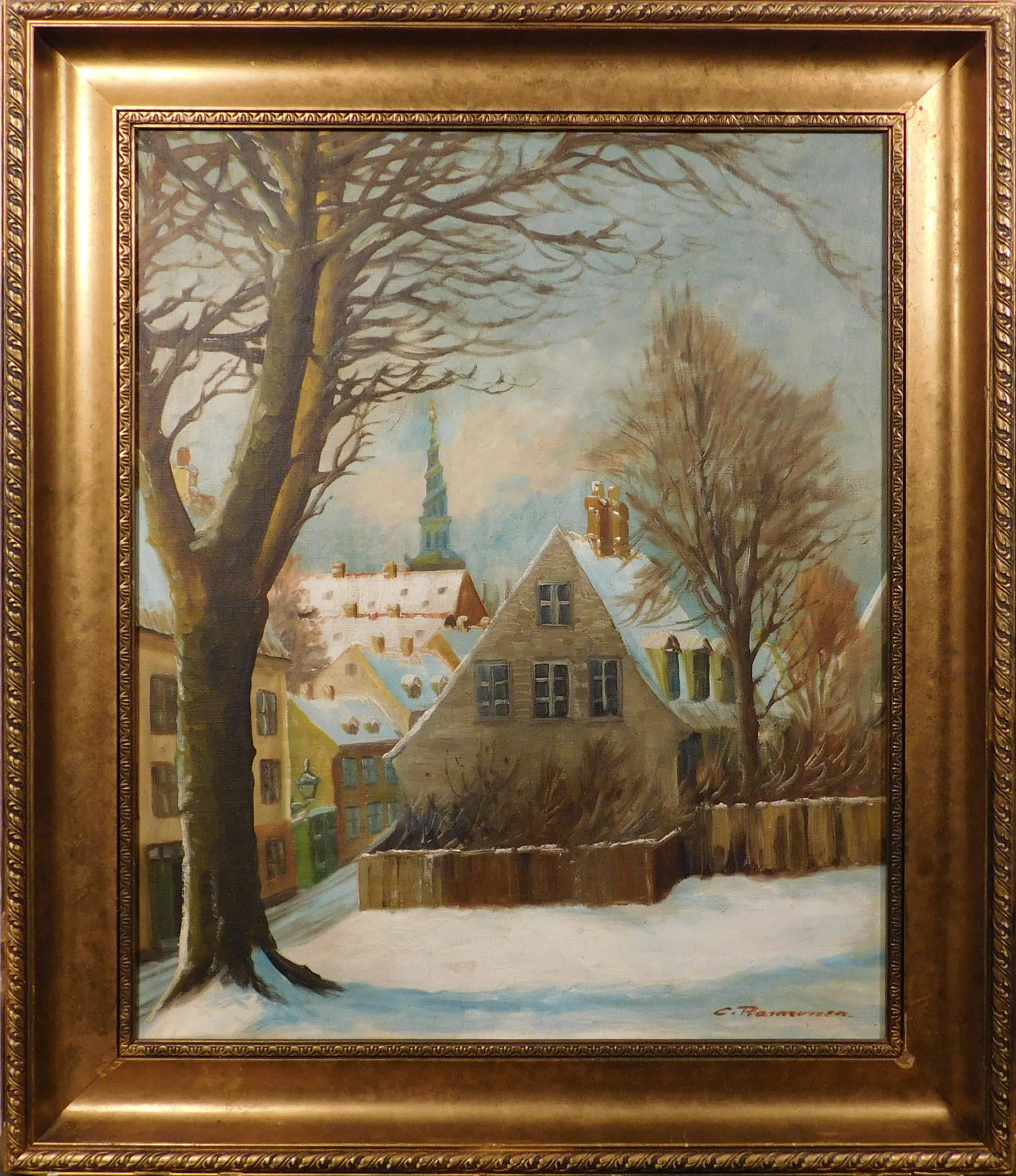 View of a Snowy Scandinavian Town: View of a Snowy Scandinavian Town, Mid 20th Century oil on canvas. Signed illegibly lower right. The back of the stretcher "Senghoved" is inscribed. The back edge of the canvas shows more illegible te