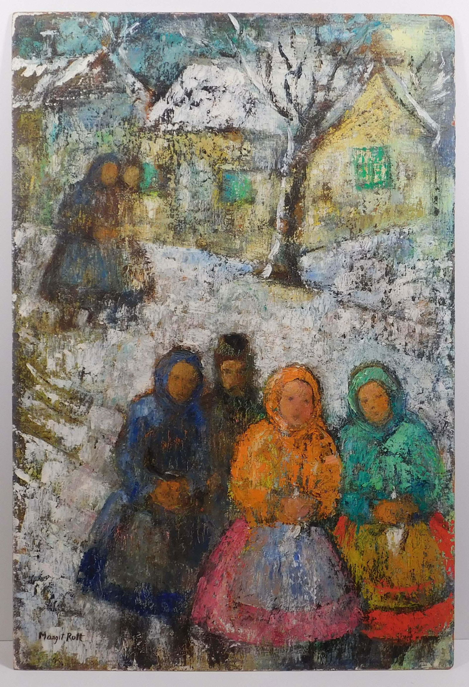 Margit Roth: Hungarian Villagers in Winter: Margit Roth (20th Century): Hungarian Villagers in Winter. Very thickly painted oil on masonite, signed lower left. 30 x 20 inches board.