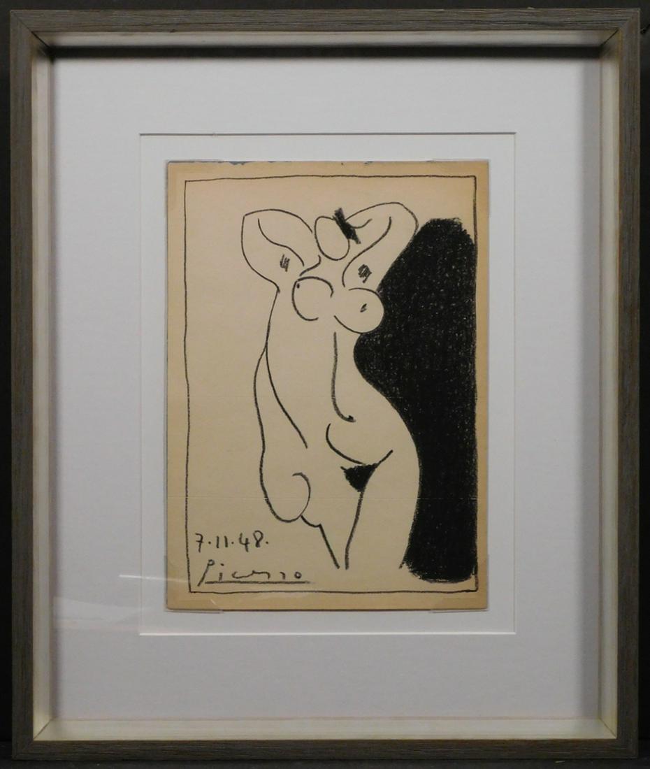 Pablo Picasso, Attributed: Sketch of Nude Woman: Pablo Picasso (Spanish, 1881-1973) attributed: Sketch of Nude Woman. Crayon on paper, signed and dated 7.11.48., framed. Picasso was the most dominant and influential artist of the first half of the t