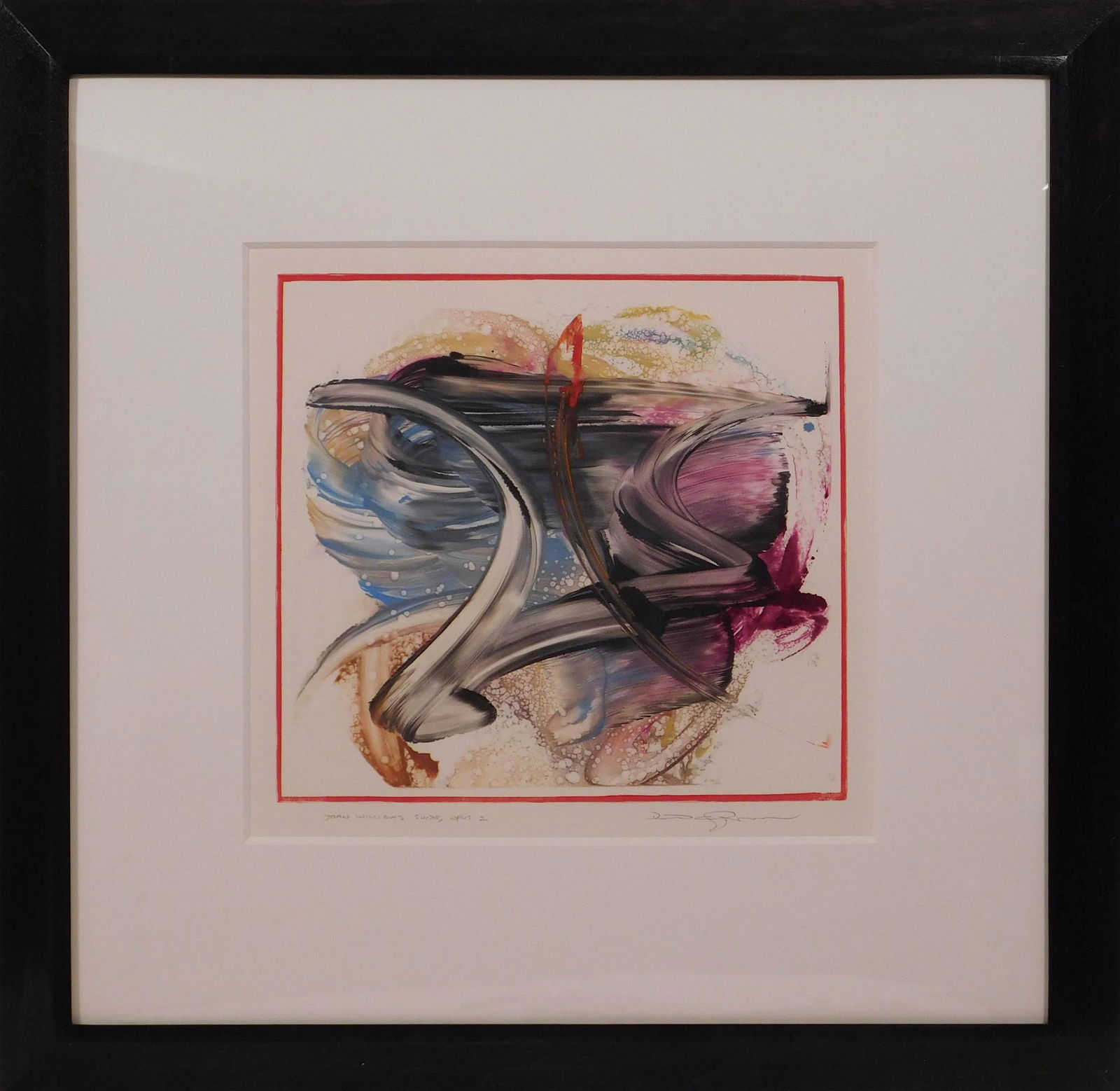 David Chamberlain: John Williams Suite, Opus 2: David Chamberlain (American, b 1949): John Williams Suite, Opus 2. Monoprint on paper, signed and titled in pencil below. In custom walnut frame, behind plexi glass, and 8 ply mat. David Chamberlain h