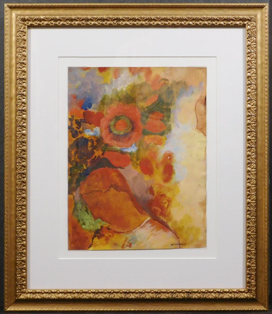 After Odilon Redon: Heads with Flowers: Odilon Redon (French, 1840-1916) After: Heads with Flowers. Tempera on paper, signed bottom right, framed. Odilon Redon was a prints man, draftsman, and painter best known for his brightly colored sti