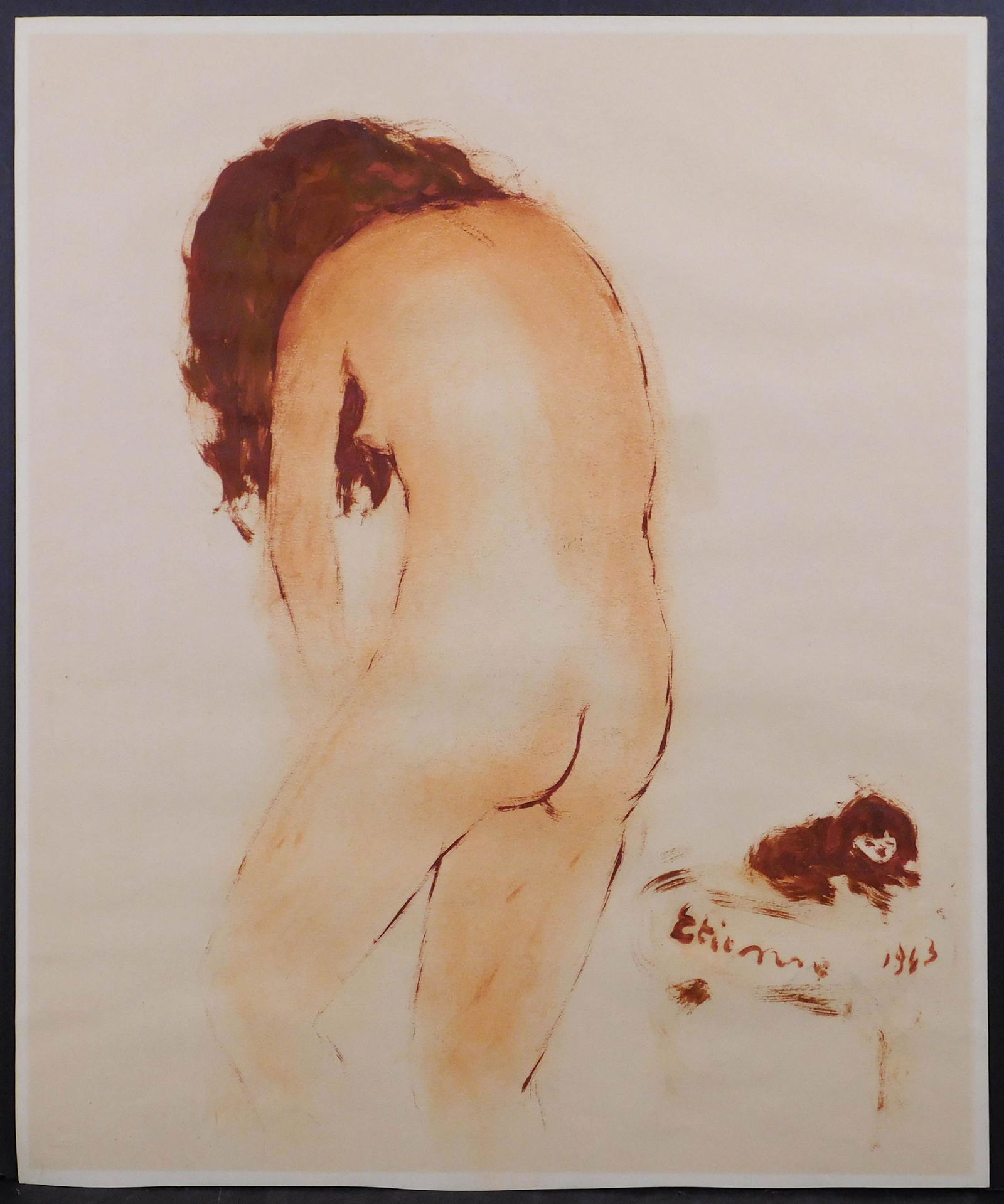 Roger Etienne: Female Nude with Dog (After Egon Schiele): Roger Etienne (Belgium, 1922- 2011 ): Female Nude with Dog, 1963. Oil and pastel on paper, unframed, signed and dated lower right. Illegible writing in pencil verso. Roger Etienne was born in Bruges,