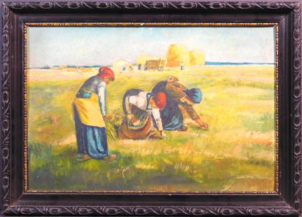 After Jean-Francois Millet: The Gleaners: After Jean-Francois Millet (1814 - 1875): The Gleaners, oil on cardboard, unsigned, framed. Jean-Francois Millet was active and lived in France. Jean Francois Millet is known for Bucolic-scene paintin