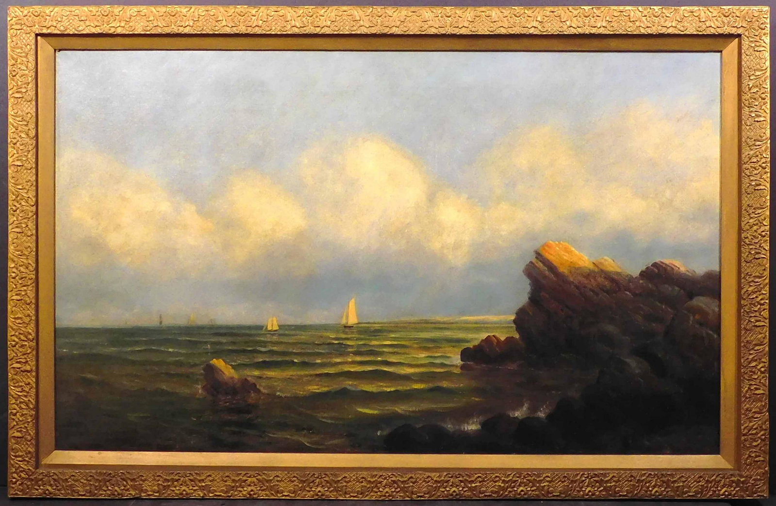 American School: New England Seascape with Sailboats: American School: New England Seascape with Sailboats, early 20th century. Oil on canvas, framed with archival backing. 26 x 40 inches framed; 22 x 36 inches canvas. Private collection, Boston. Very go